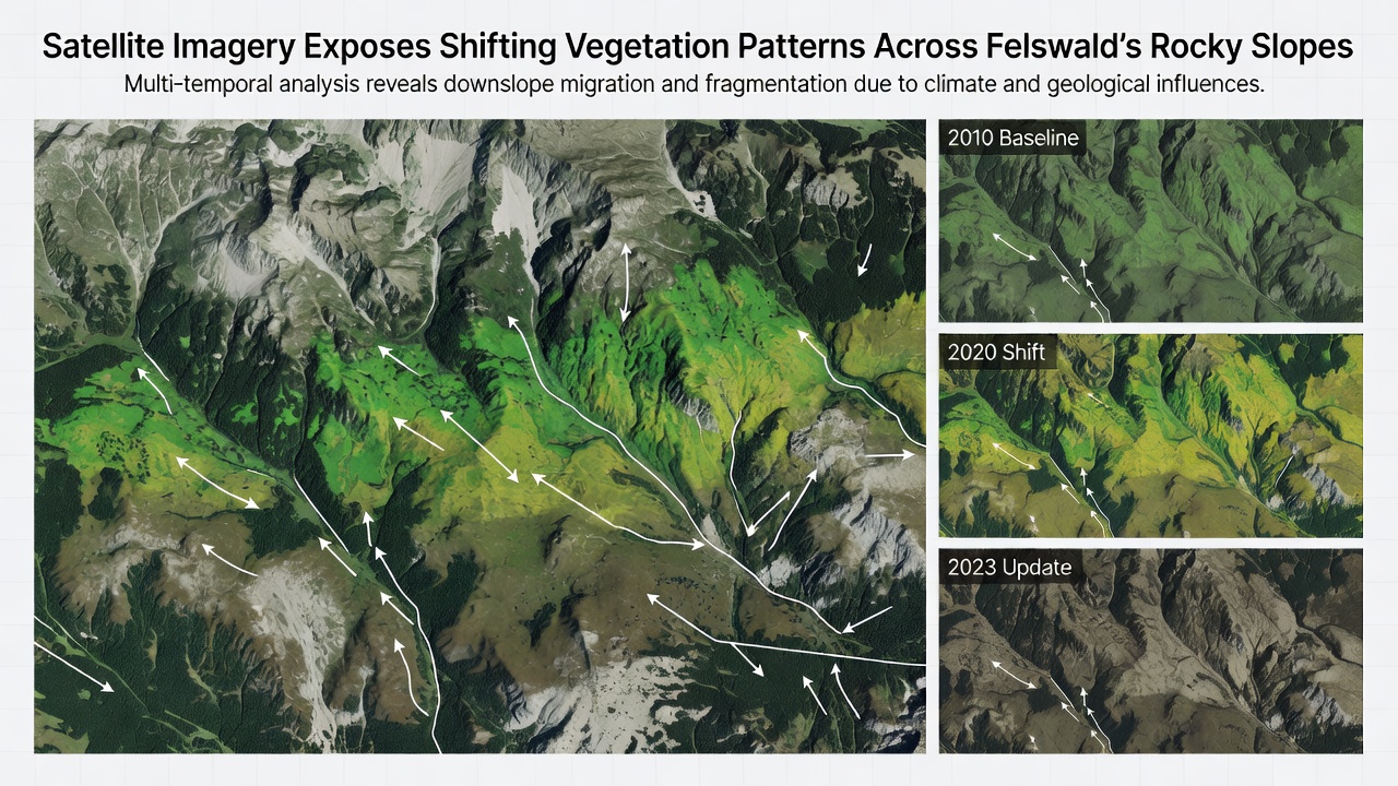 Close-up satellite view highlighting changes in vegetation density on Felswald slopes